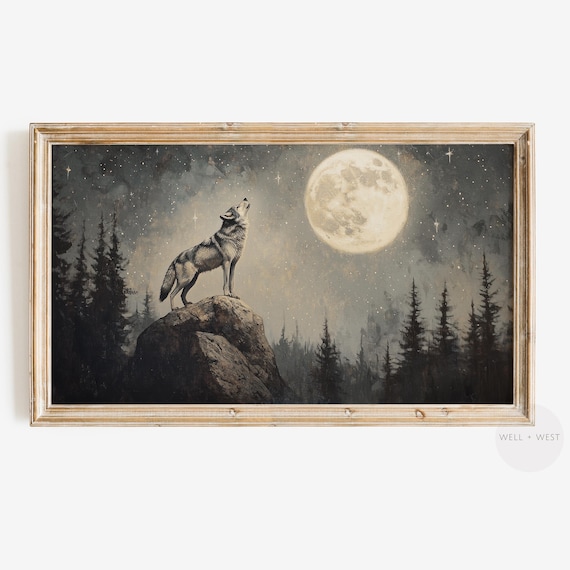 Wolf Howling At Full Moon Starry Night Forest Vintage Art Print