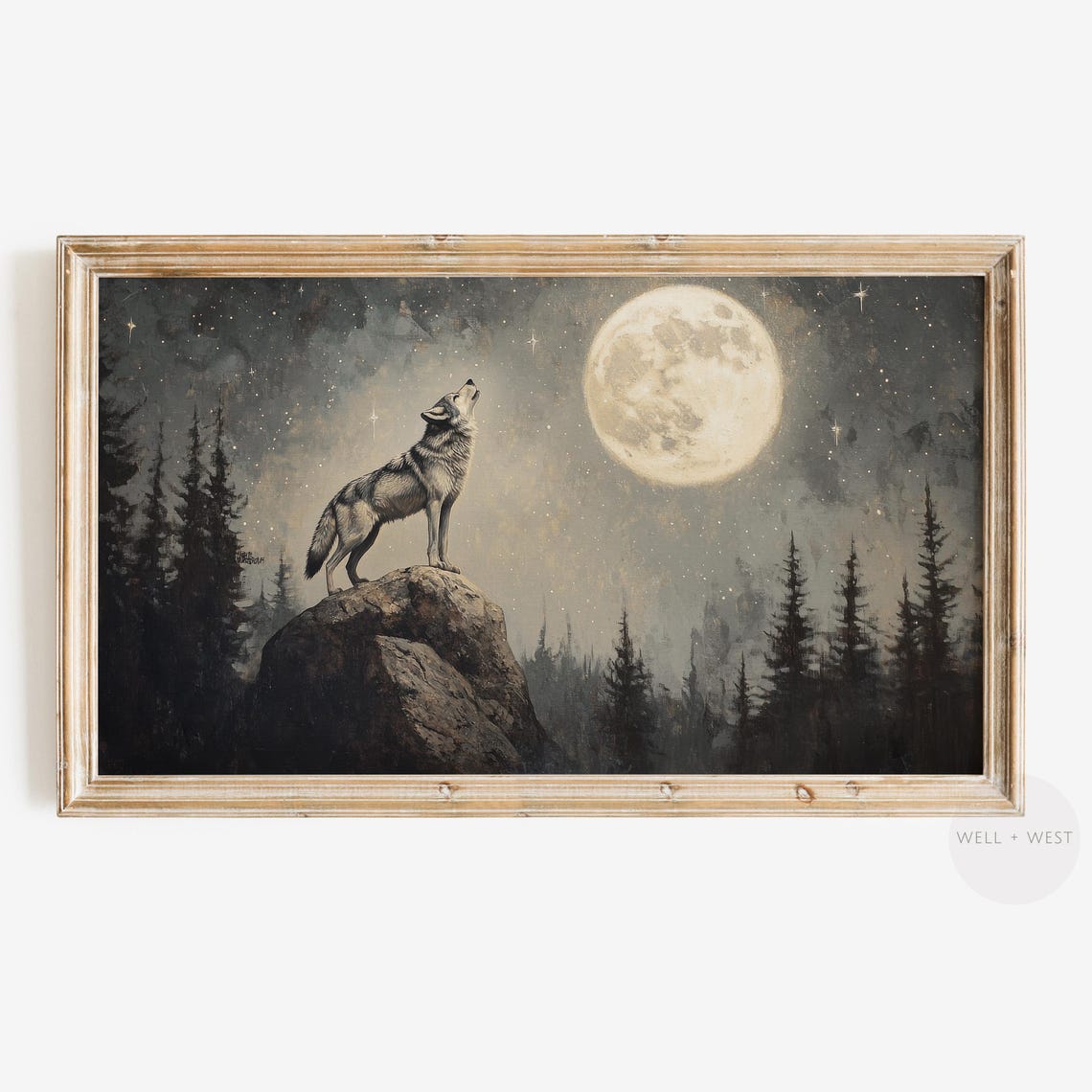 Wolf Howling At Full Moon Starry Night Forest Vintage Art Print