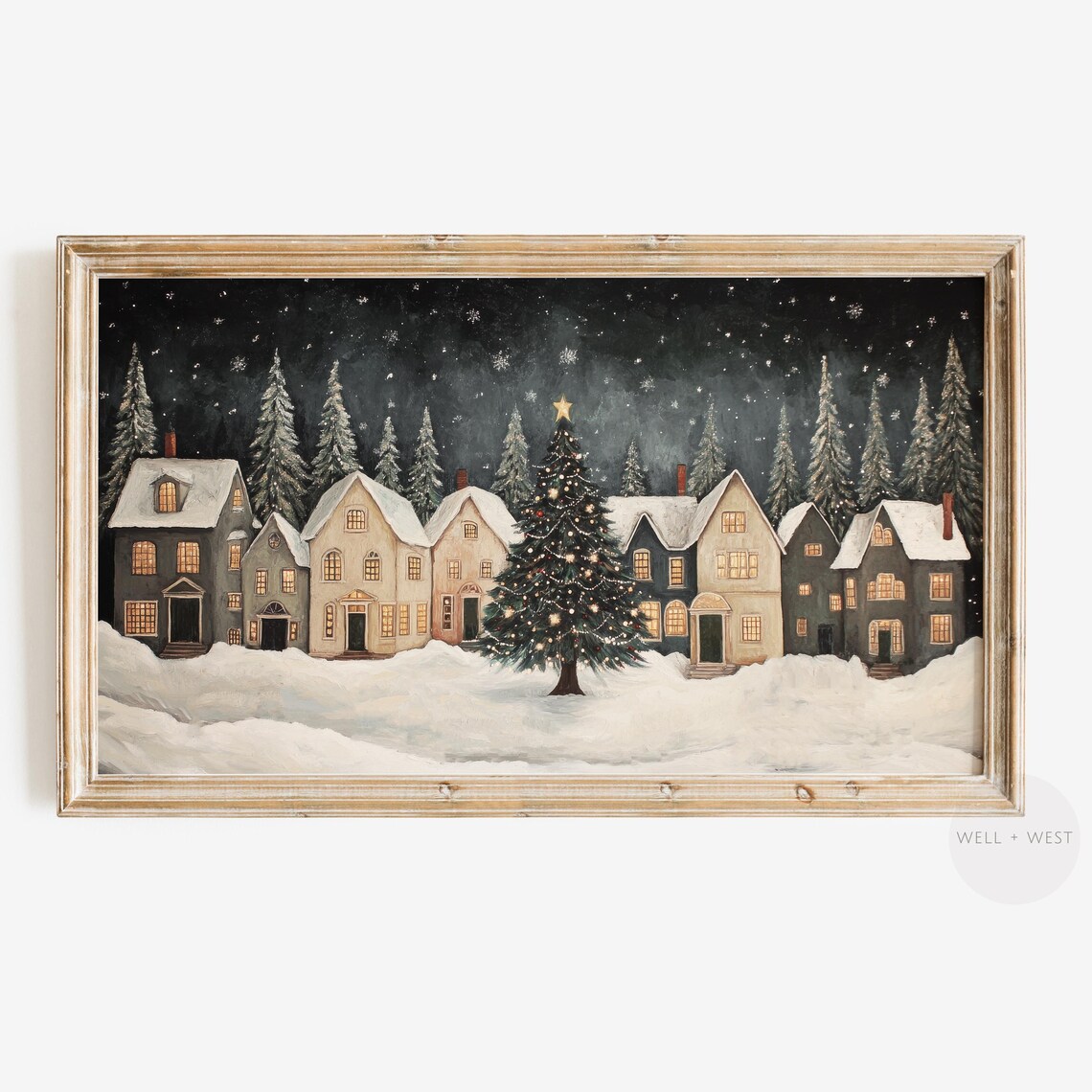 Winter Night Village Vintage Holiday Art Print