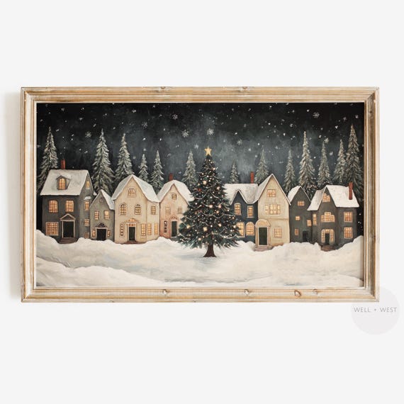 Winter Night Village Vintage Holiday Art Print