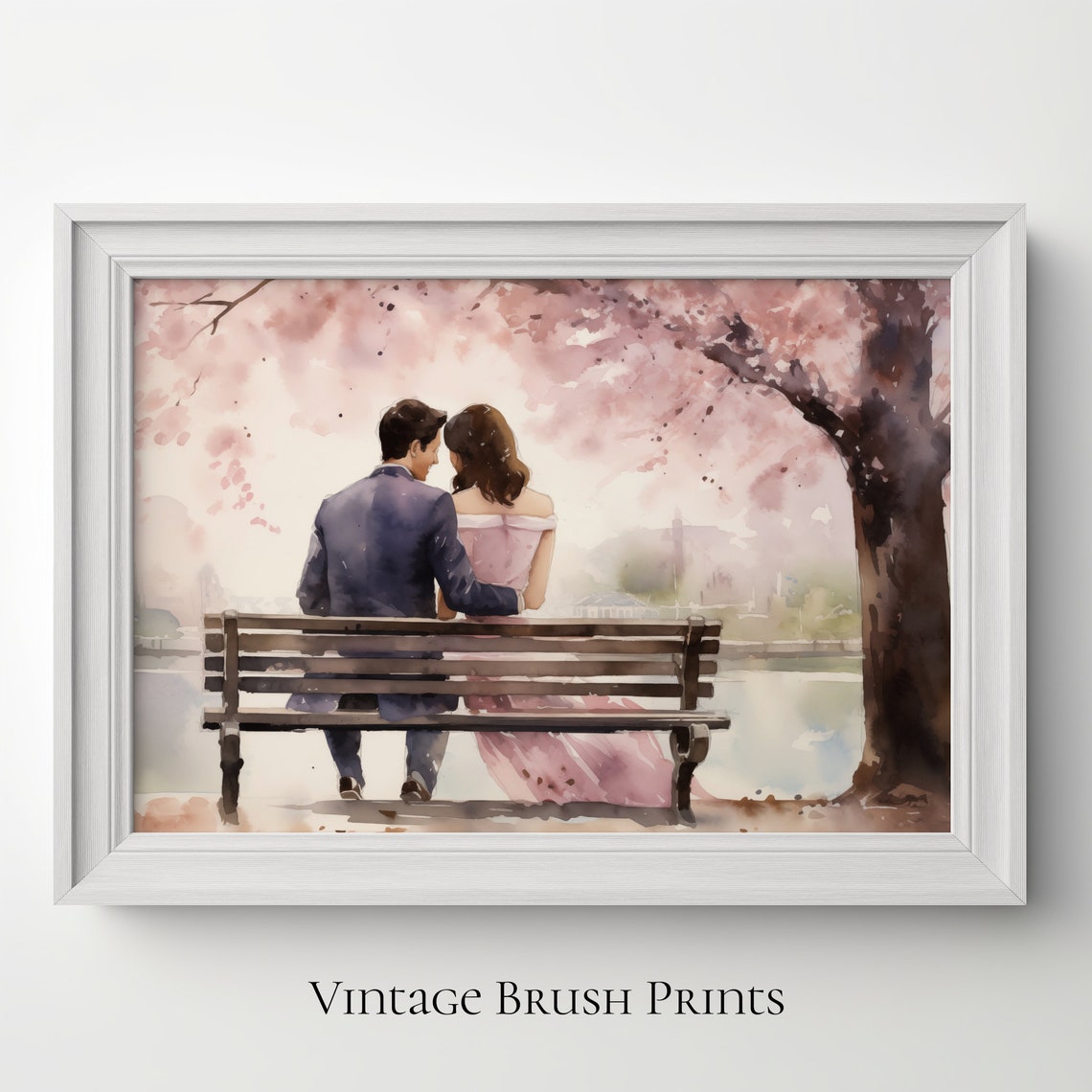 Couple on a Park Bench Under Cherry Blossoms Watercolor Poster
