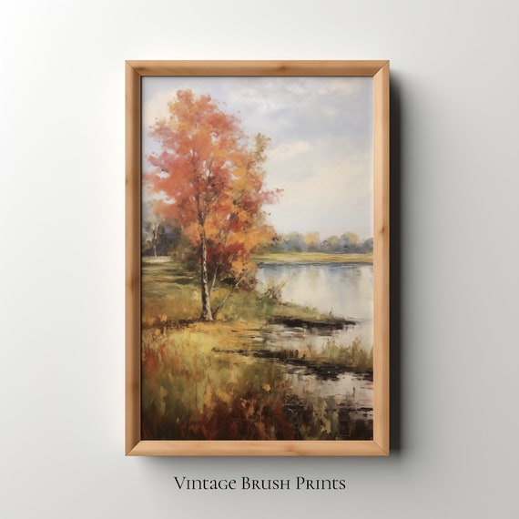 Vintage Autumn Landscape Painting Rustic Fall Decor