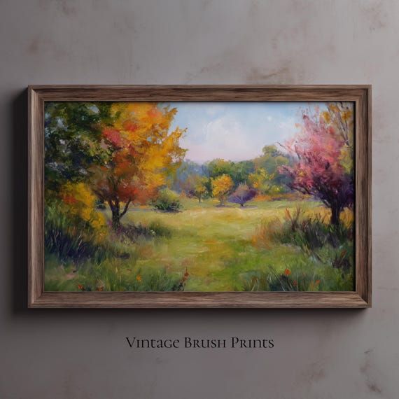 Vintage Fall Landscape Oil Painting Print Moody Autumn Forest
