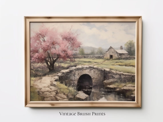 Vintage Spring Landscape Print Stone Bridge Wildflowers