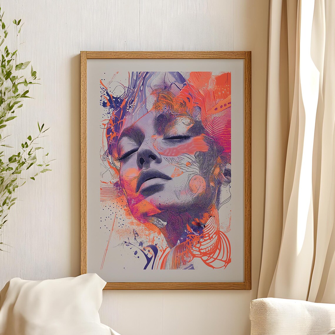 Neon Splash Woman Face Art Poster Coral Purple Expressive Decor