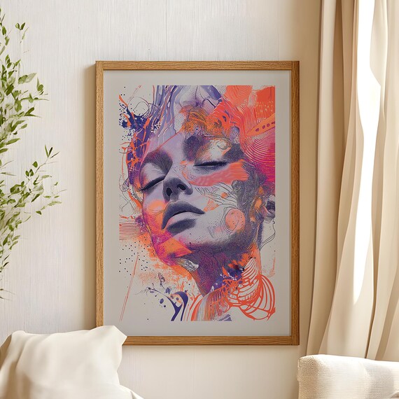 Neon Splash Woman Face Art Poster Coral Purple Expressive Decor