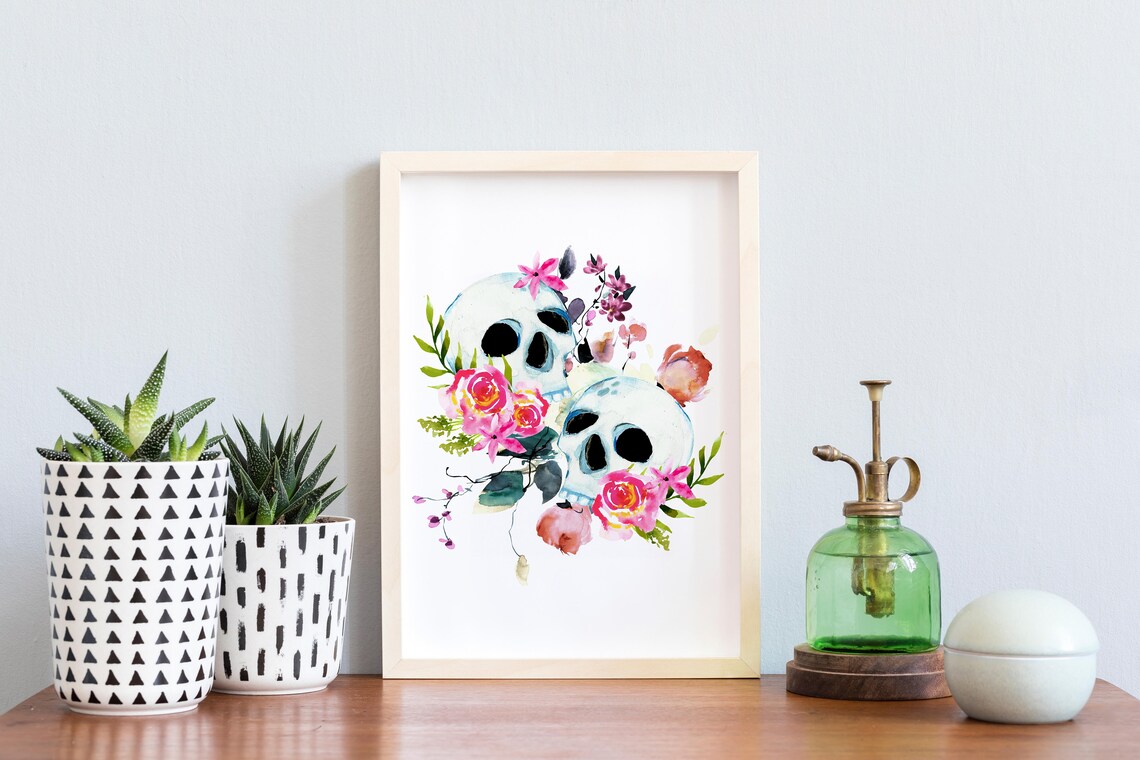 Watercolor Skull With Pink Flowers Subtle Halloween Floral Wall Art - Image 2