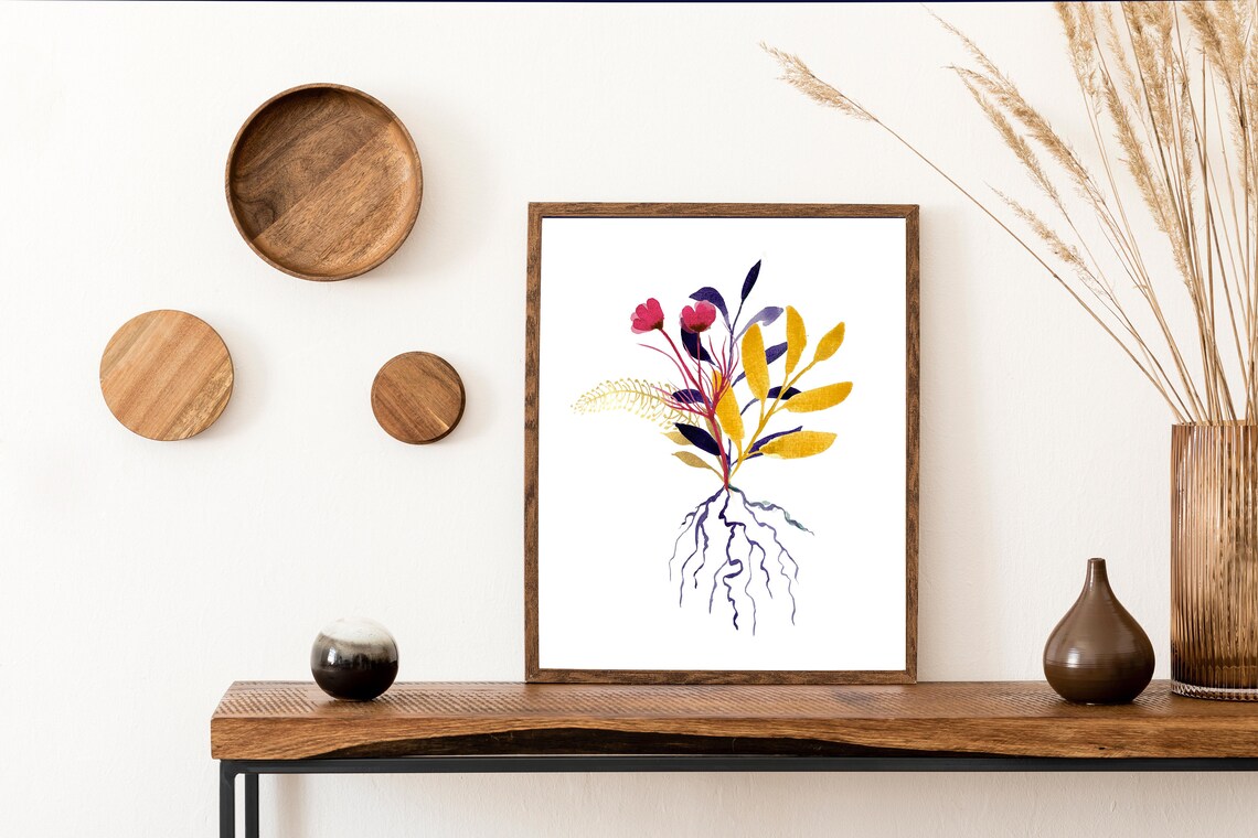 Watercolor Botanical Flower Roots Golden Leaves Pink Blooms Art Print - Image 2