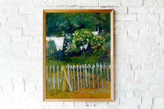 Laundry Decor Painting Vintage Art Print Moody Antique Art Garden Oil Painting