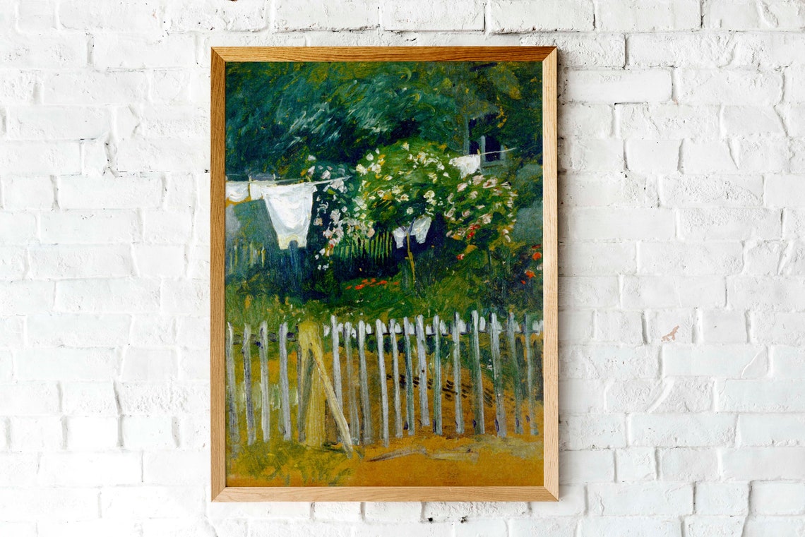 Vintage Laundry Line Picket Fence Impressionist Garden Painting Poster