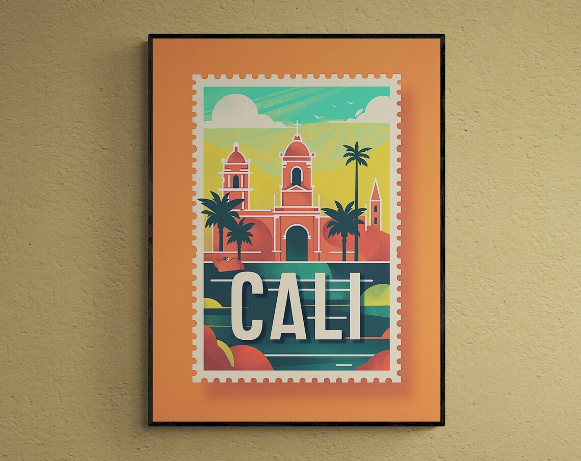 Cali Colombia Church Palms Vintage Travel Stamp Style Poster