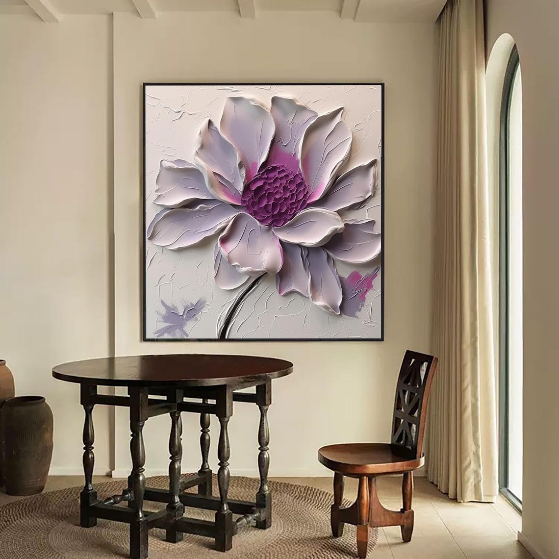Lavender White Flower Magenta Center 3D Impasto Floral Square Poster - Image 3