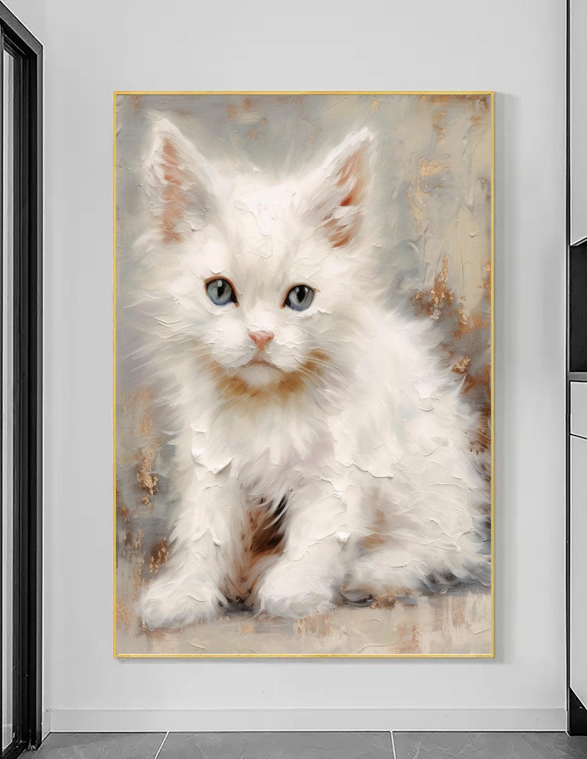 White Fluffy Kitten Blue Eyes Impasto Oil Painting Cat Wall Poster - Image 3