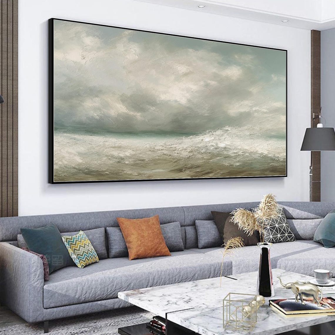 Muted Ocean Waves Gray Clouds Soft Light Panoramic Seascape Art Poster