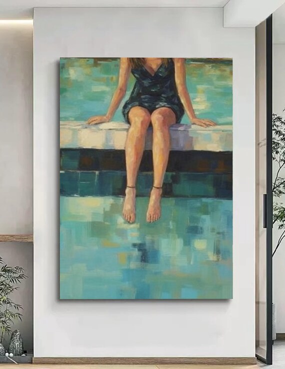 Woman By Pool Dangling Feet Turquoise Water Abstract Oil Painting Poster