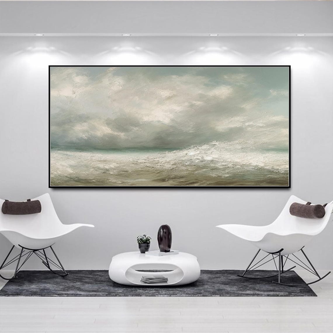 Muted Ocean Waves Gray Clouds Soft Light Panoramic Seascape Art Poster - Image 2
