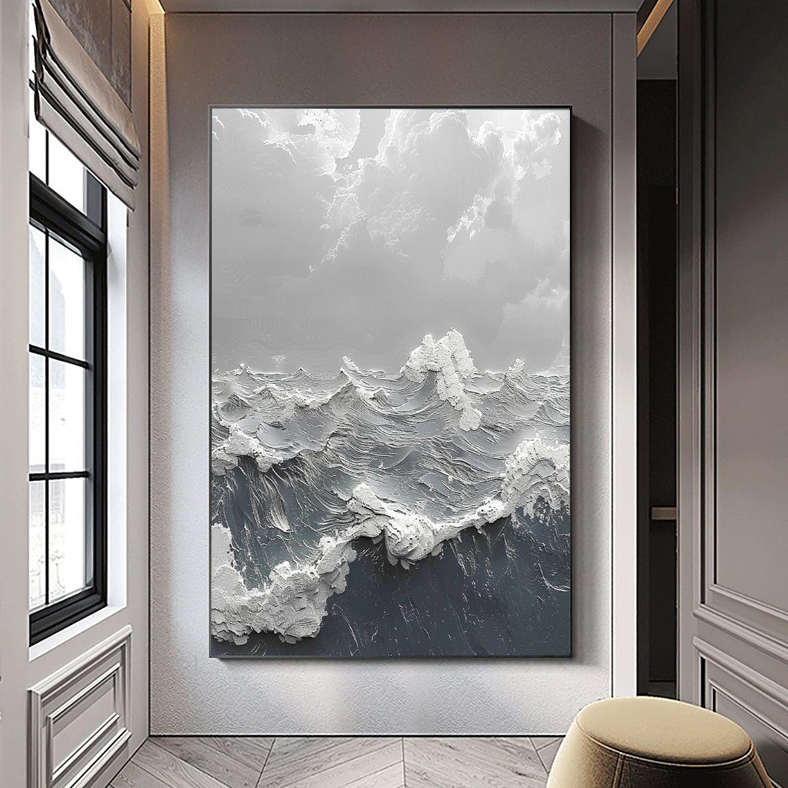 Dark Blue Sea White Foam Clouds Stormy Textured Vertical Ocean Poster
