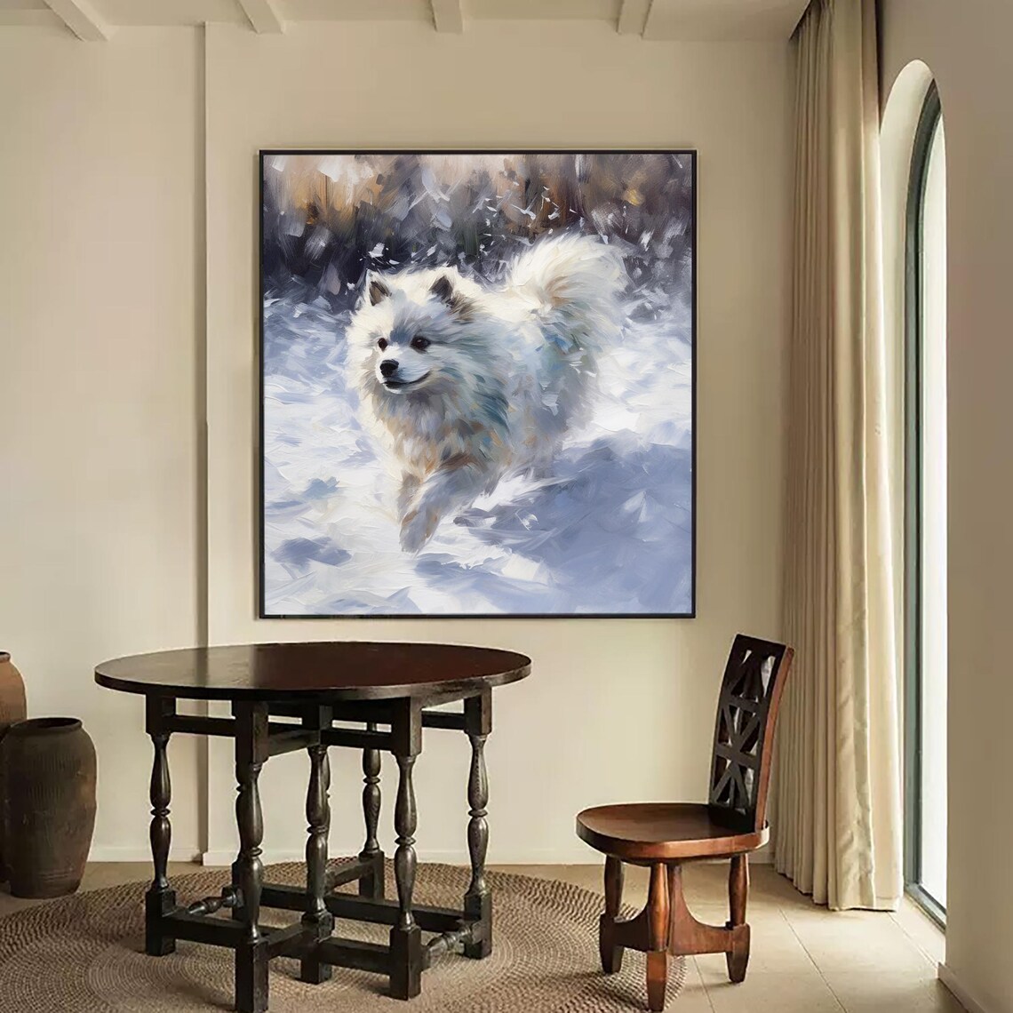 White Fluffy Dog Running Through Snow Winter Oil Painting Art Poster - Image 3