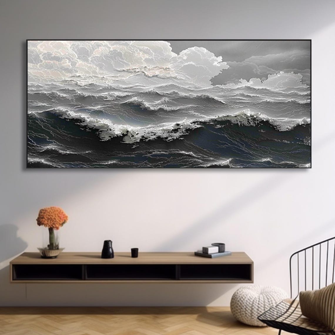 Stormy Black White Ocean Rolling Waves Dramatic Panoramic Sea Poster