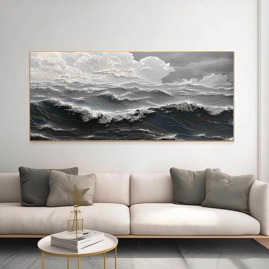Stormy Black White Ocean Rolling Waves Dramatic Panoramic Sea Poster - Image 2