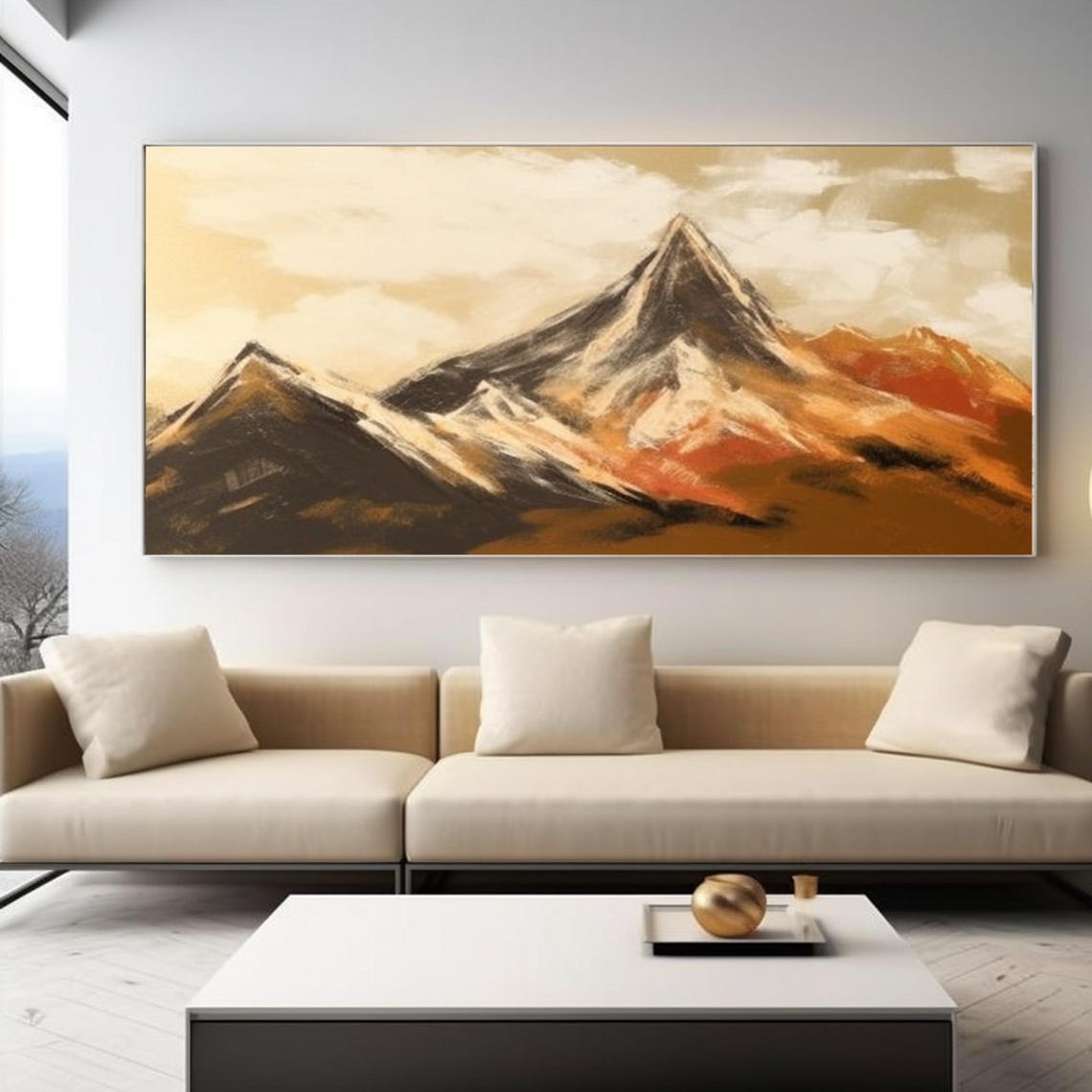 Original Mountain Painting 3d Impasto Textured Wall Art Abstract Snow Peak Artwork Orange And Brown Wall Decor Living Room Art