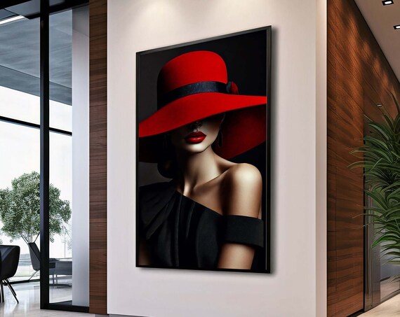 Mysterious Woman Red Wide Brim Hat Noir Portrait Art Poster Home Decor