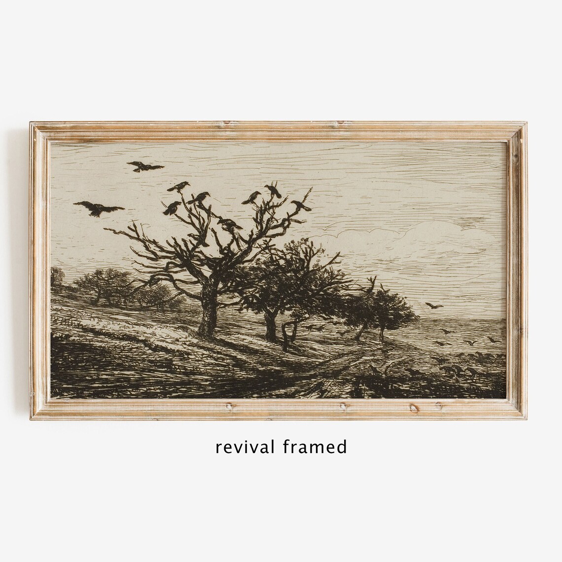 Crows on Bare Trees Antique Ink Drawing Halloween Gothic Autumn Art Poster