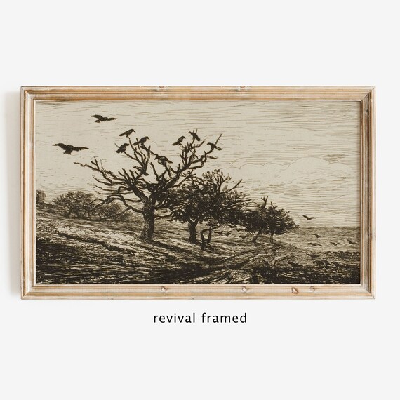 Crows on Bare Trees Antique Ink Drawing Halloween Gothic Autumn Art Poster