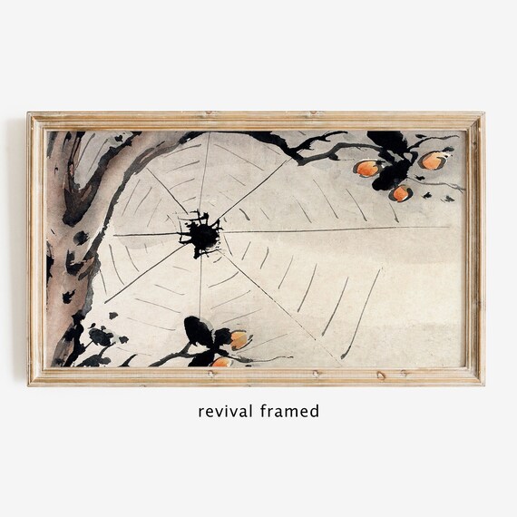 Ink Spider Web with Ripe Persimmons Vintage Asian Style Poster