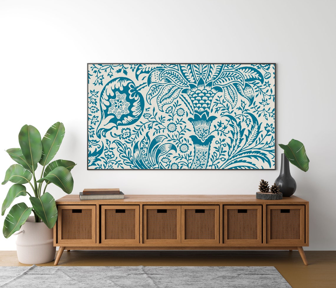 Elegant Blue Botanical Damask Pattern Arts and Crafts Style Poster - Image 4