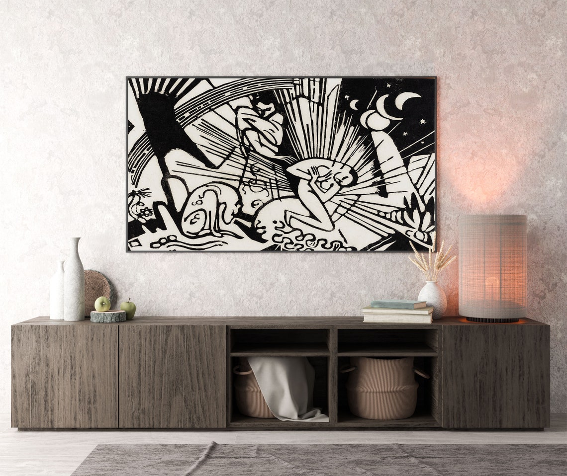 Bold Black and White Celestial Woodcut Figure Moon Stars Poster - Image 4