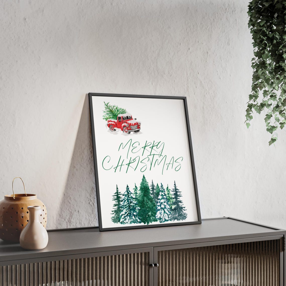 Merry Christmas Red Truck With Tree Watercolor Winter Poster - Image 3