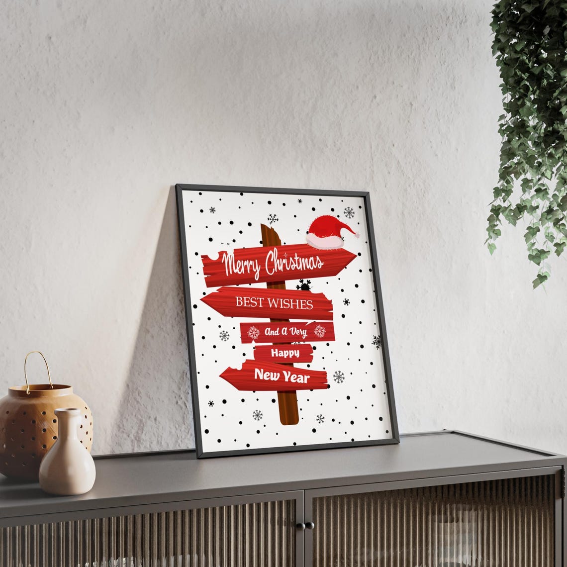Merry Christmas Wooden Signpost Happy New Year Red Plank Poster
