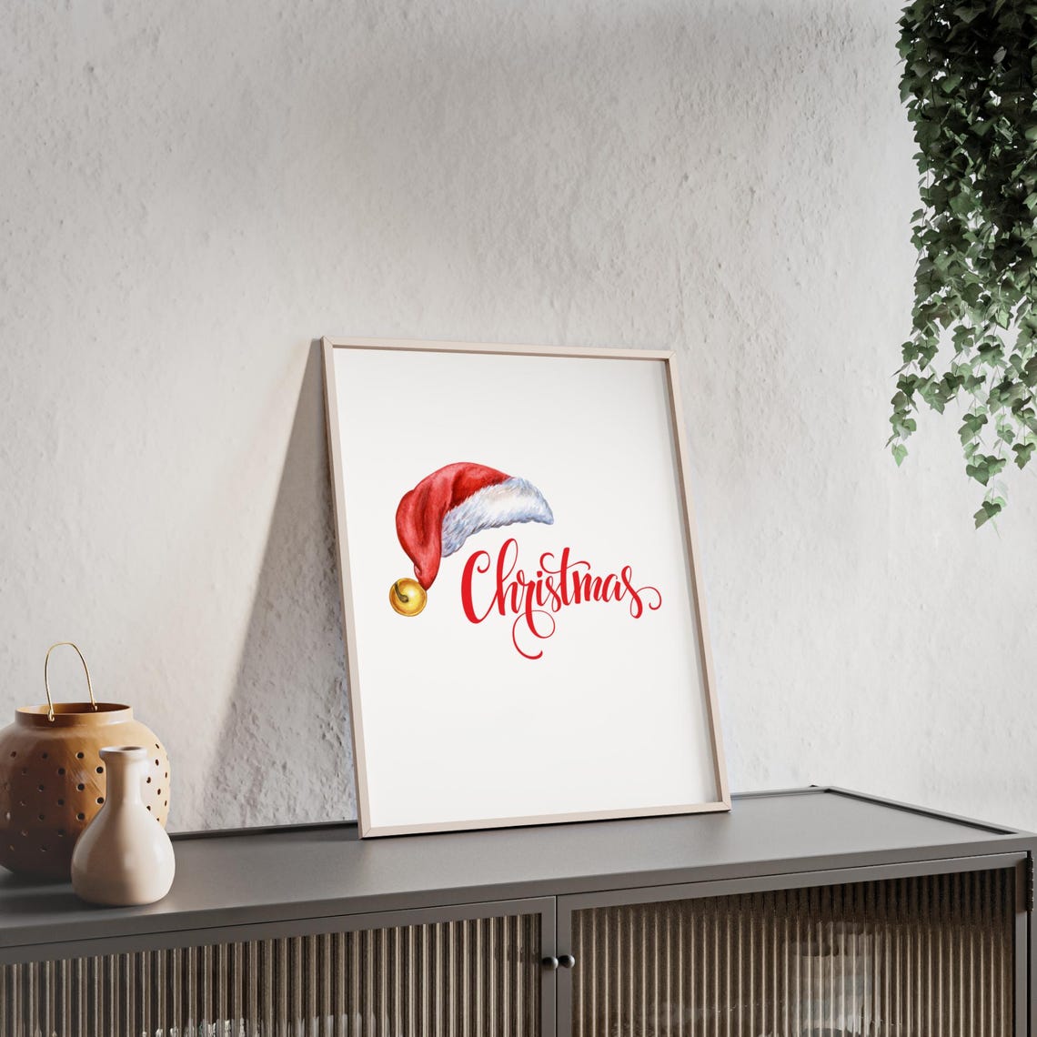 Christmas Santa Hat Watercolor Red Script Gold Bell Holiday Poster