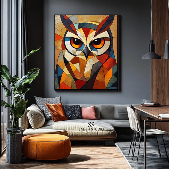 Colorful Abstract Owl Portrait Modern Faceted Art Stained Glass Geometric Design Bold Midcentury Bird Print 471