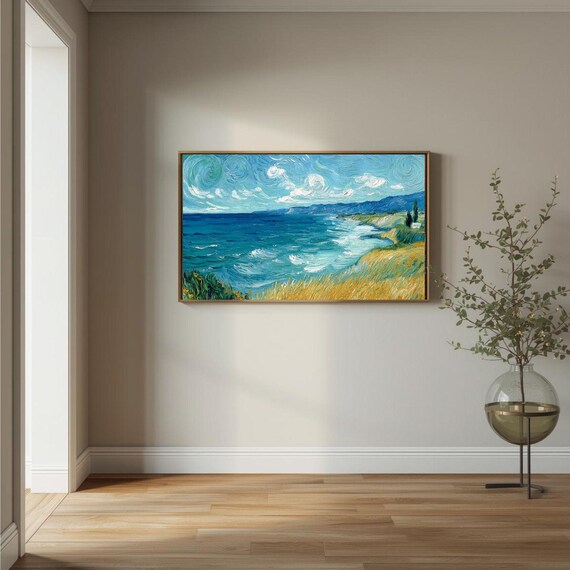 Van Gogh Style Turquoise Seascape Golden Coastal Cliffs Poster