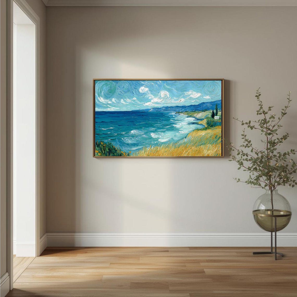 Van Gogh Style Turquoise Seascape Golden Coastal Cliffs Poster