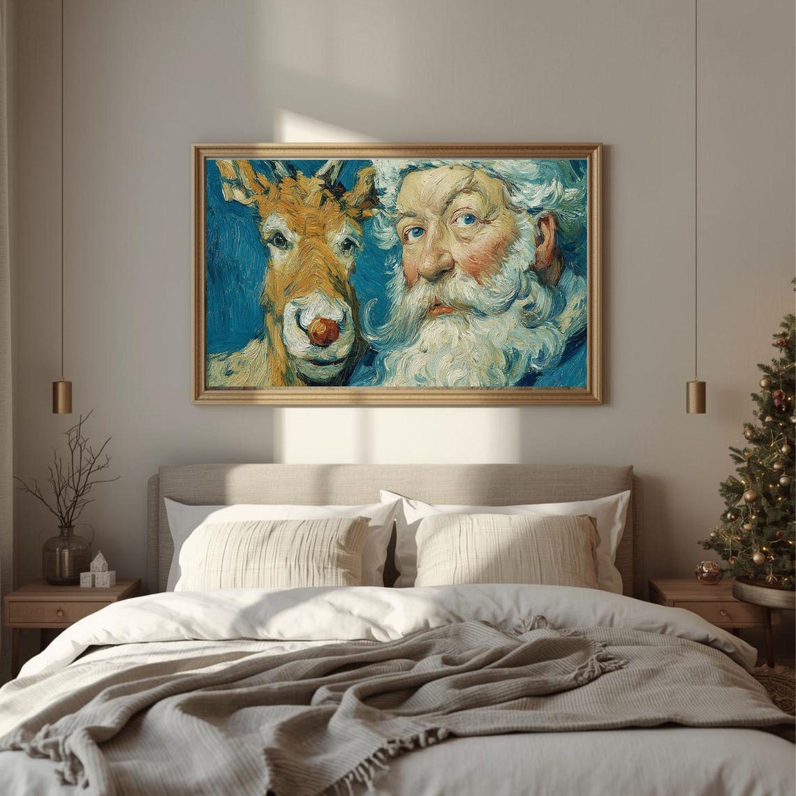 Santa And Rudolph Christmas Reindeer Oil Style Festive Holiday Poster
