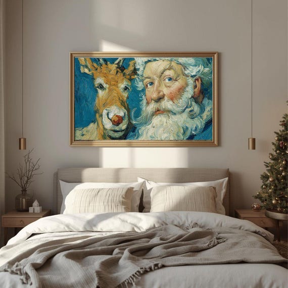 Santa And Rudolph Christmas Reindeer Oil Style Festive Holiday Poster