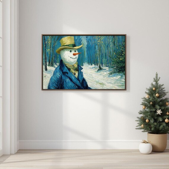Charming Snowman in Top Hat Winter Woods Impasto Painting Poster