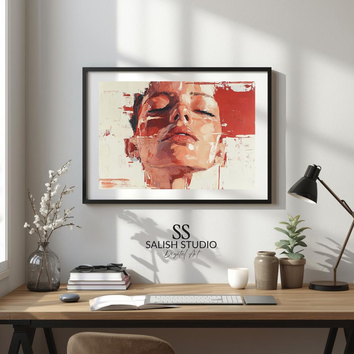 Red Abstract Woman Portrait Modern Oil Painting Expressive Art Poster