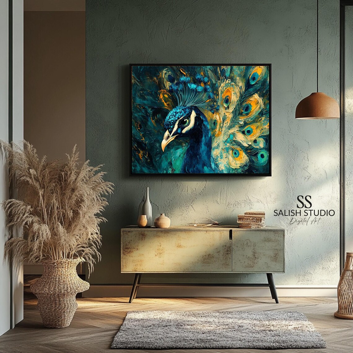 Regal Peacock Fanned Golden Tail Feathers Dark Painting Poster