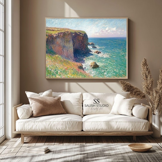 Rustic Coastal Cliffs Turquoise Ocean Impressionist Seascape Painting Wall Art