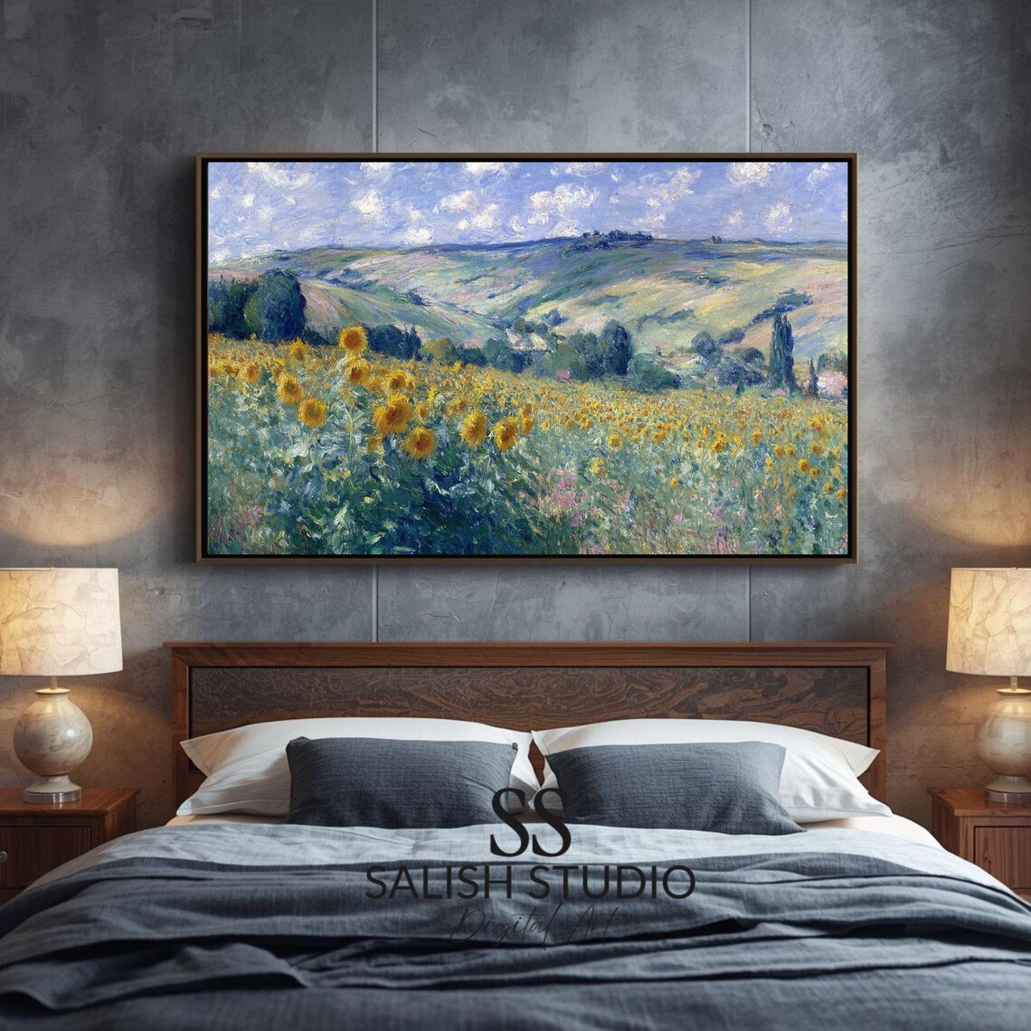 Impressionist Sunflower Field Rolling Green Hills Summer Bloom Art Print