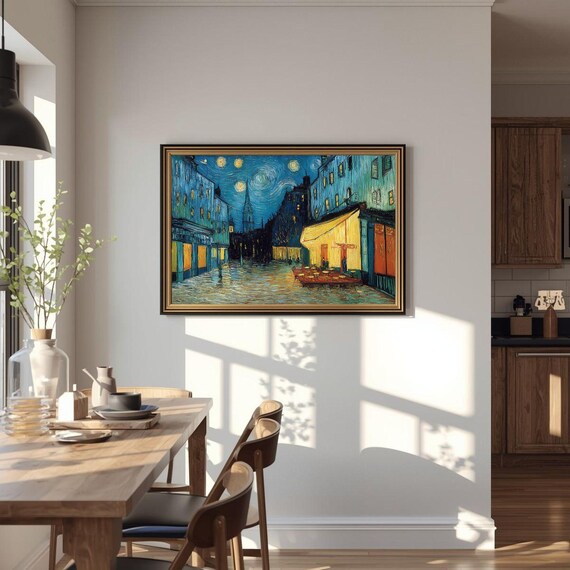 Starry Night Paris Cafe Terrace Poster Van Gogh Style Glowing Yellow Awning