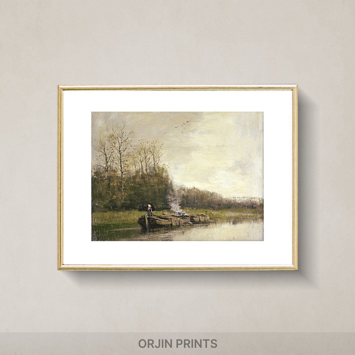 Misty River Barge Lone Figure Calm Vintage Landscape Art Poster