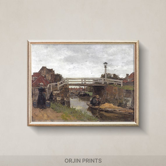 Charming Vintage Town Life Art Print Historic Bridge And Canal Painting Wall Decor Orjin Prints 7895
