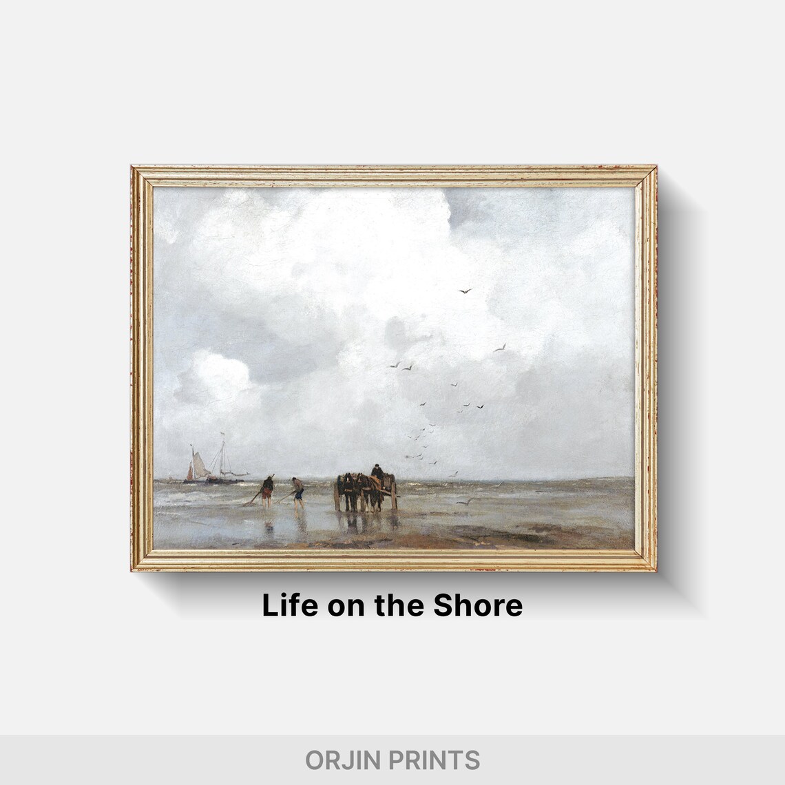 Vintage Beach Fishermen Horse Cart Sailboats Coastal Painting Poster - Image 2