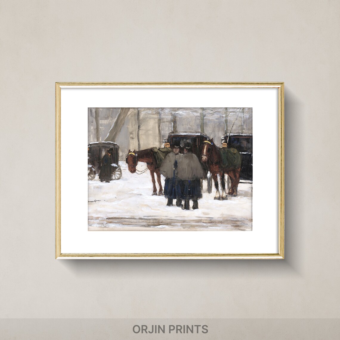 Horse Carriages Snowy Street Winter City Impressionist Poster