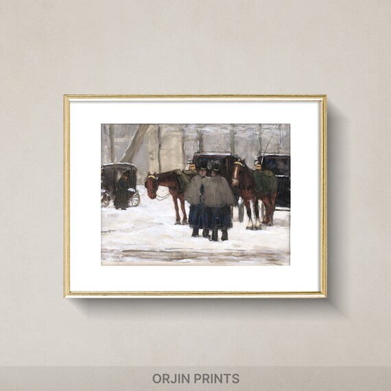 Horse Carriages Snowy Street Winter City Impressionist Poster